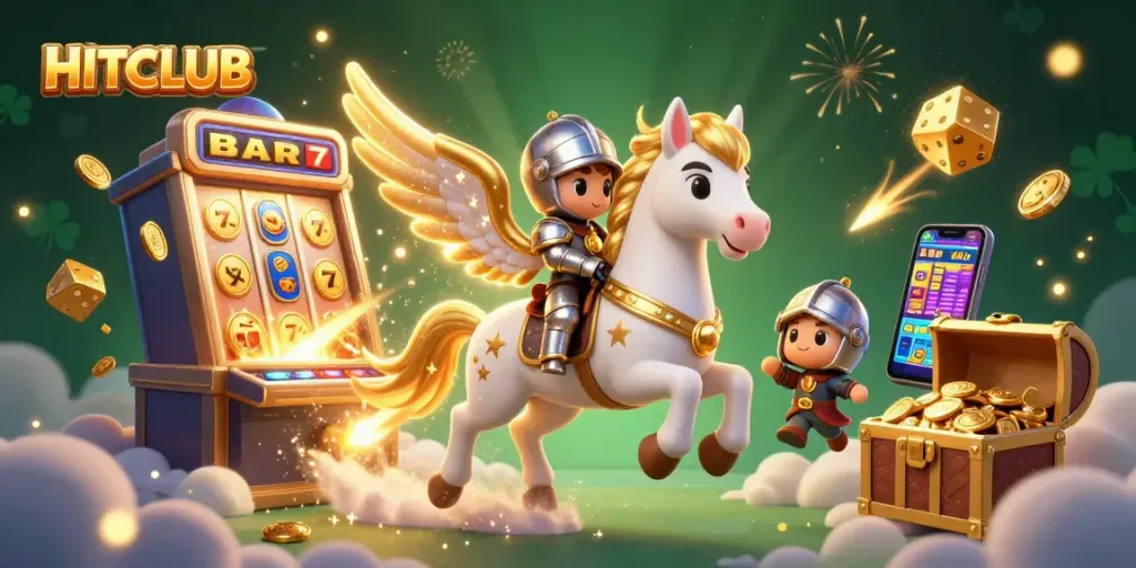 Experience the exhilarating HITCLUB jackpot explosion with vibrant casino game elements and enchanting characters.