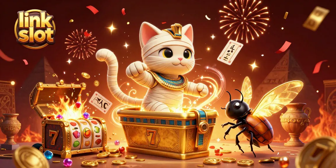 Pemain bermain link slot dengan simbol buah dan jackpot di kasino piramida yang meriah.