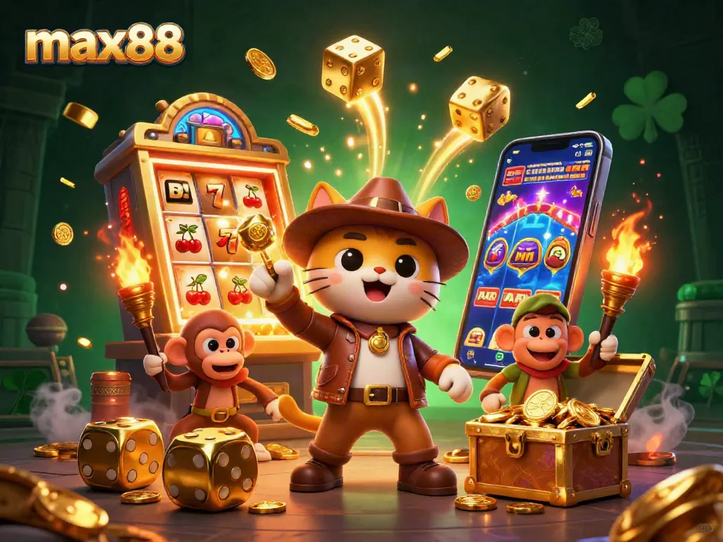 Spin and win at max88 with a lively 3D illustration of explorers in a golden casino