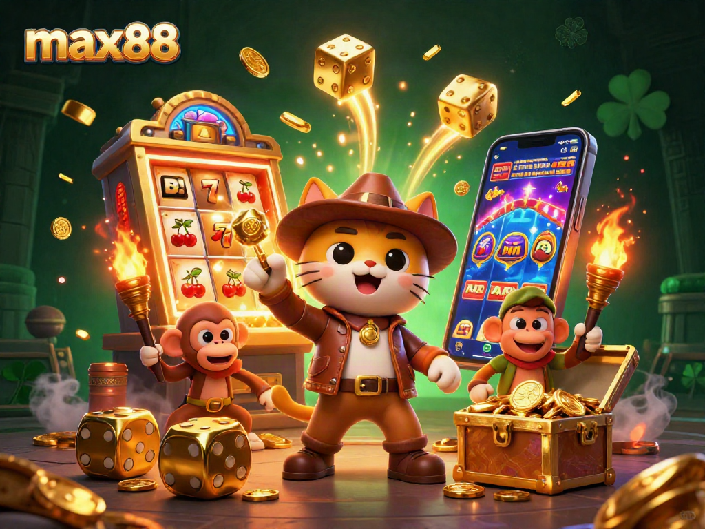 Spin and win at max88 with a lively 3D illustration of explorers in a golden casino
