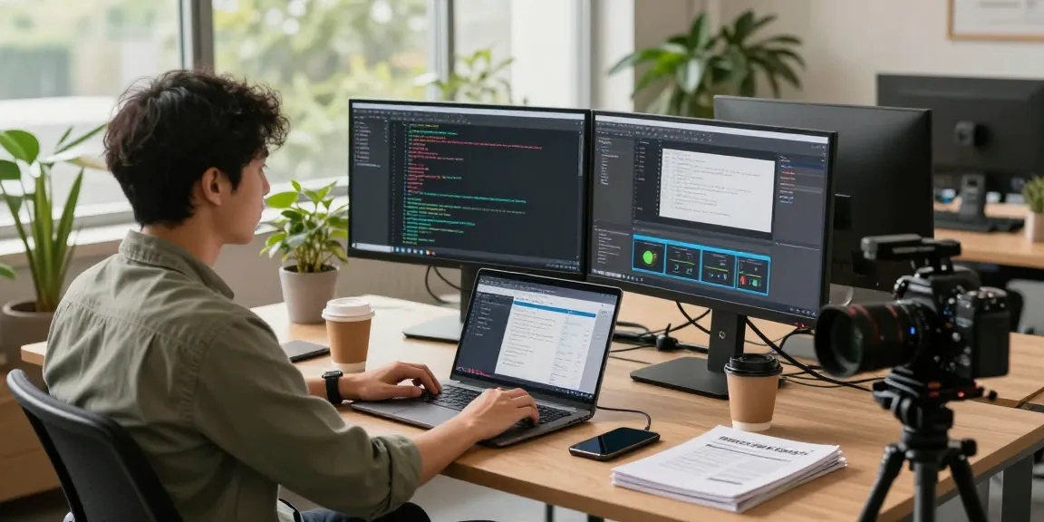 快连 software development workspace with a developer coding on dual monitors in a modern office.