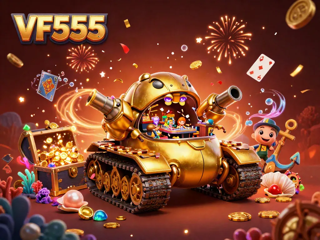 Engage in exciting gameplay at VF555 with vibrant casino elements, showcasing a golden beetle tank and treasure.