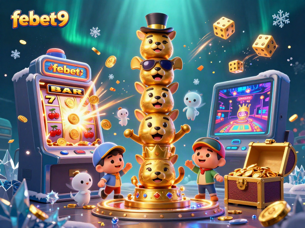 Experience the fun of winning with febet9 through a colorful casino-themed 3D illustration filled with animated characters and symbols.