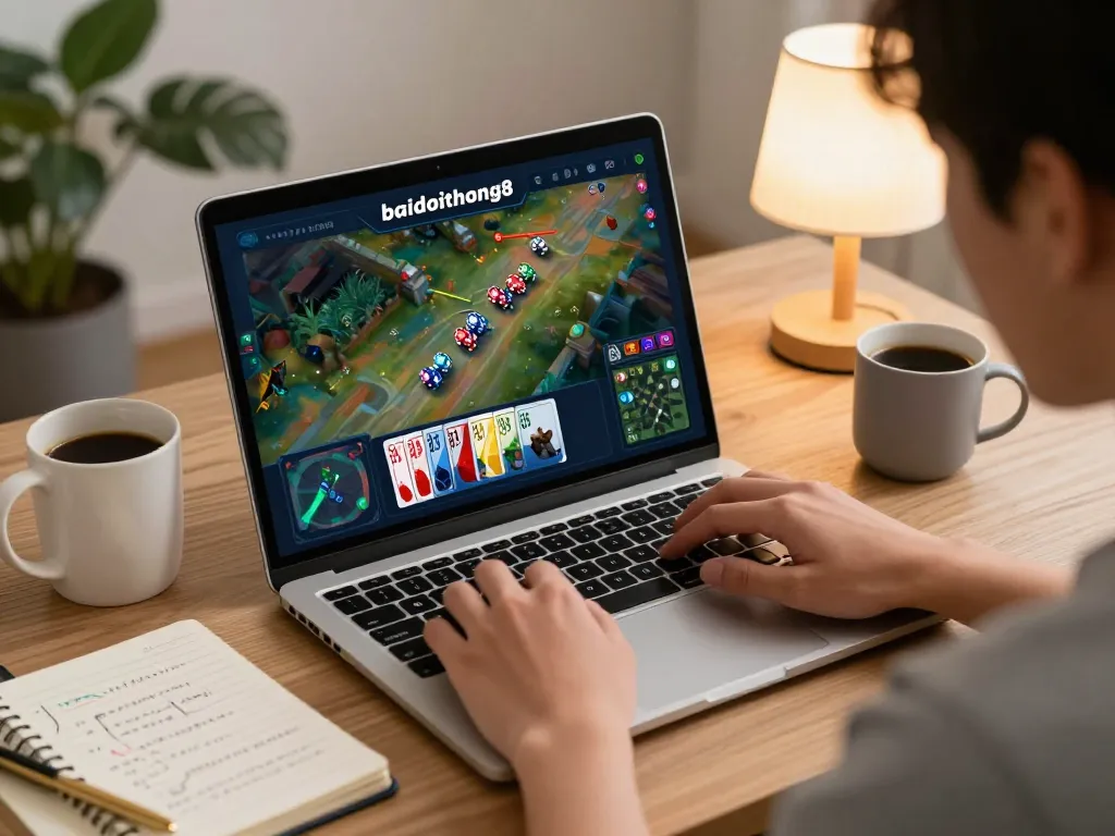 Engaging in online gaming at gamebaidoithuong8 with a laptop, strategy notes, and cozy ambiance.