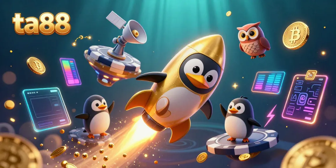 Experience the excitement of ta88 with a penguin rocket racing towards a vibrant casino