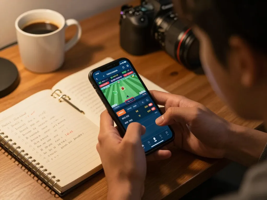 A person using a smartphone for sports betting on trang chủ MM88, showcasing strategic notes and a cozy setup.