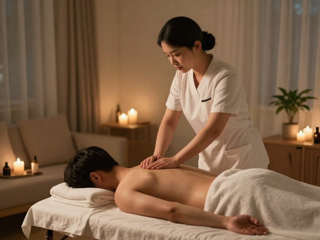 Professional Korean therapist delivering a soothing 구로출장안마 service in a tranquil home setting with ambient lighting.