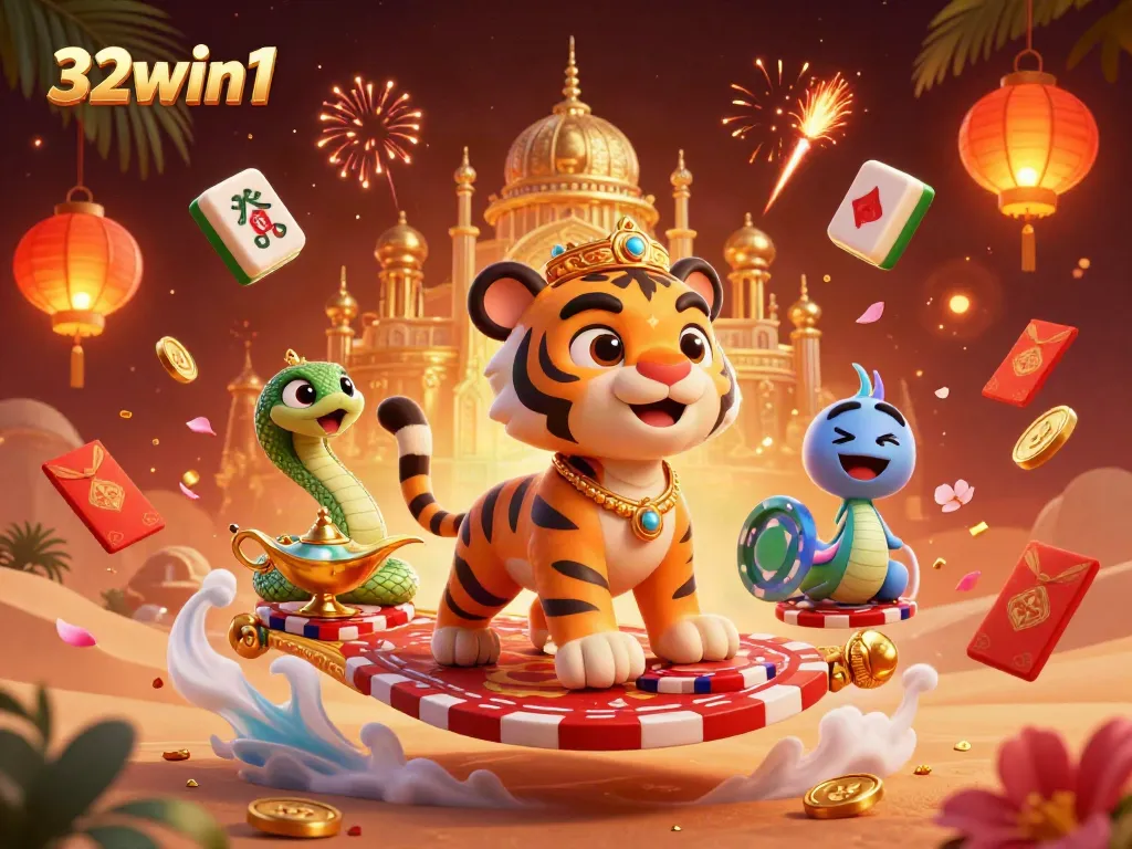 Experience the vibrant allure of 32win1 with a colorful casino scene featuring a tiger sultan and genie.