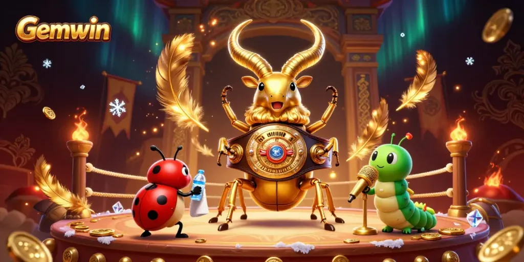 Experience the thrill of Gemwin with a dynamic 3D scene of a golden stag beetle boxing champion and casino elements.