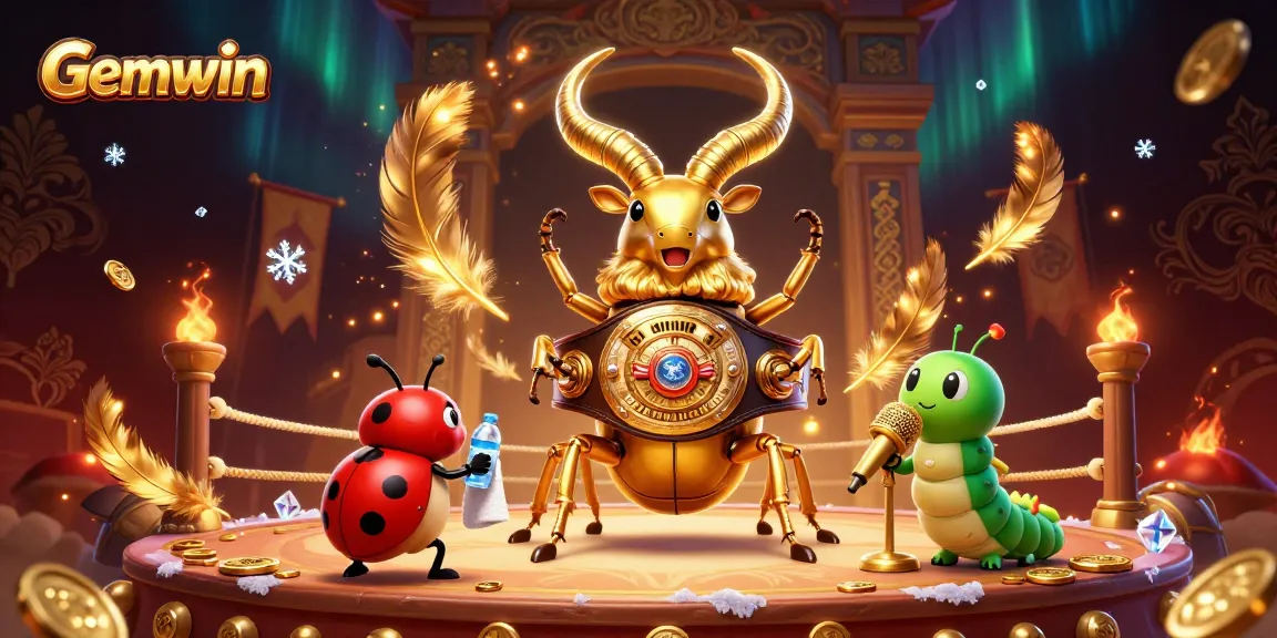 Experience the thrill of Gemwin with a dynamic 3D scene of a golden stag beetle boxing champion and casino elements.