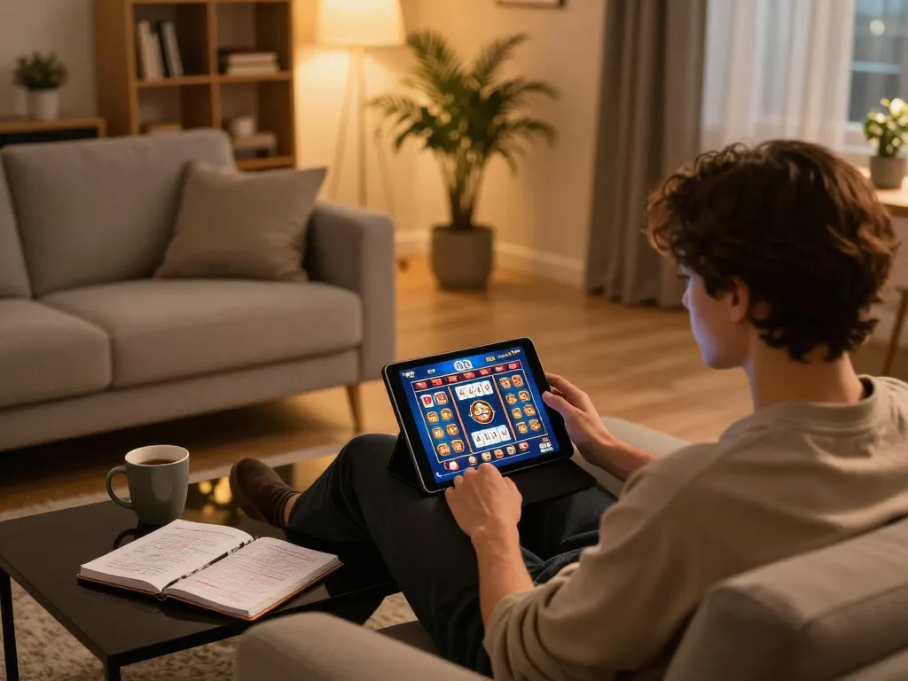 Playing O8 casino games on tablet in cozy living room, showcasing strategic online gaming.