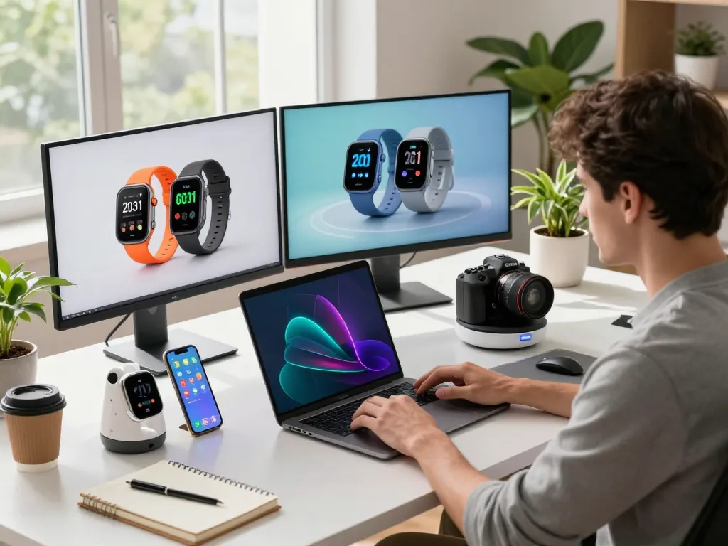 Discover the latest tech gadgets 2031 at a modern workspace with innovative devices and a bright atmosphere.