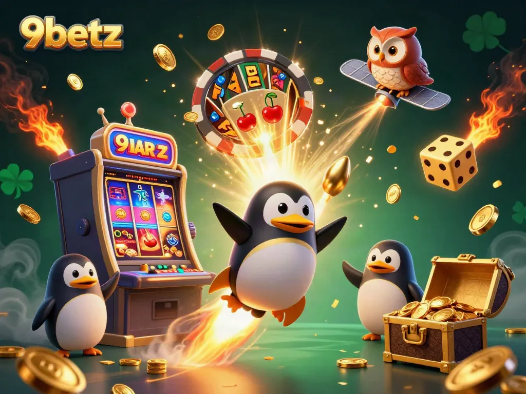 Experience vibrant gaming with 9betz as a golden penguin soars through a casino-themed universe.
