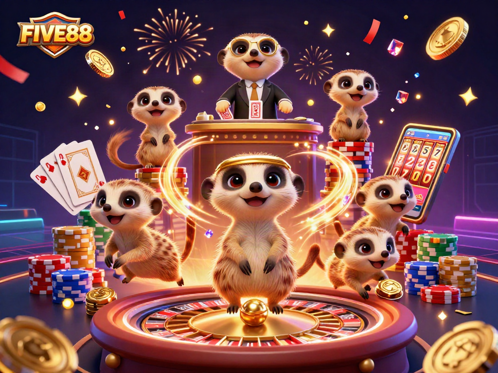 FIVE88's vibrant casino scene with meerkats in action, showcasing lively gaming energy and excitement.