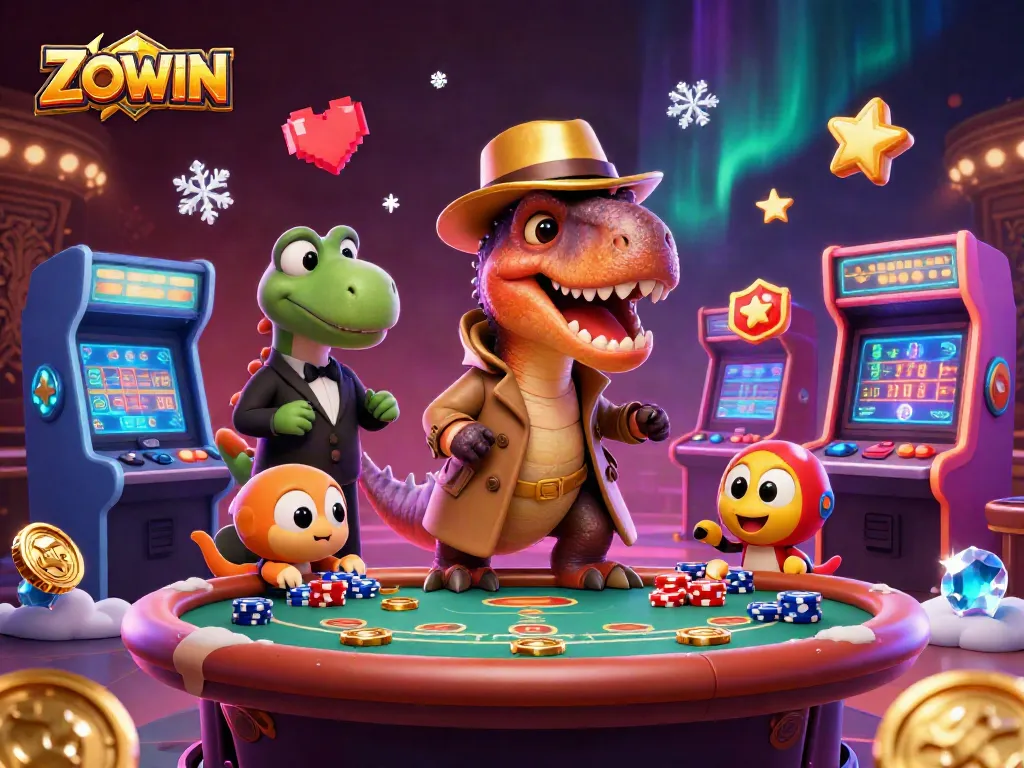 ZOWIN casino illustration with a card counting velociraptor and a stegosaurus pit boss at a blackjack table.