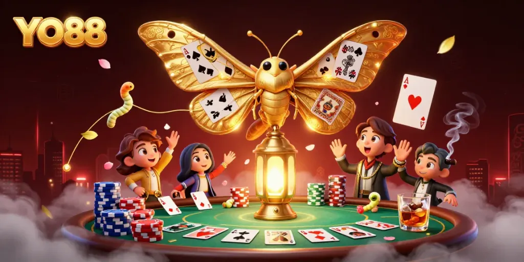 Engage in thrilling casino action with YO88, featuring vibrant cards, chips, and a majestic moth.