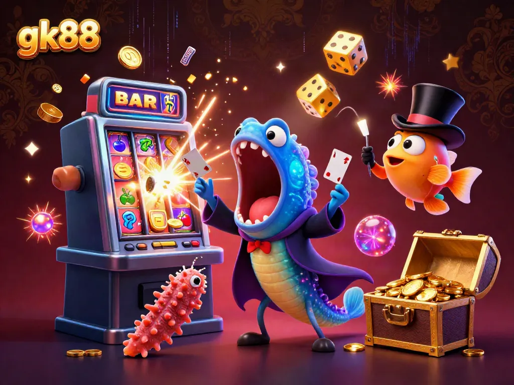 Experience gk88's vibrant casino magic with deep-sea creatures performing enchanting tricks amidst slot machine gold.