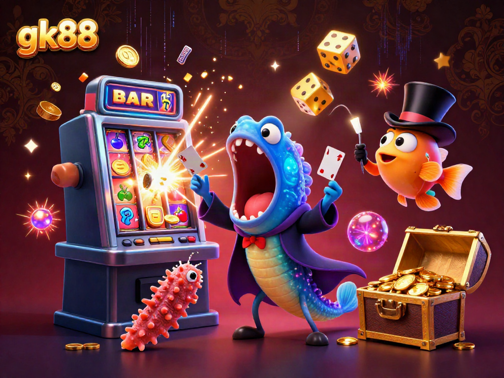 Experience gk88's vibrant casino magic with deep-sea creatures performing enchanting tricks amidst slot machine gold.