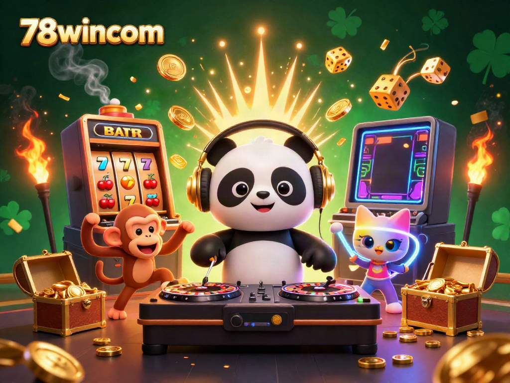 Experience thrilling jackpots with 78wincom's vibrant 3D casino illustration featuring lively characters and game elements.