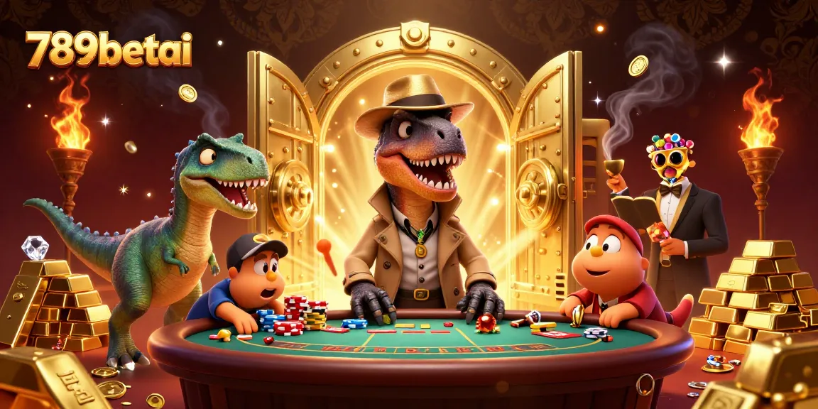 Experience 789betai's thrilling blackjack scene with a velociraptor card counter and treasures.