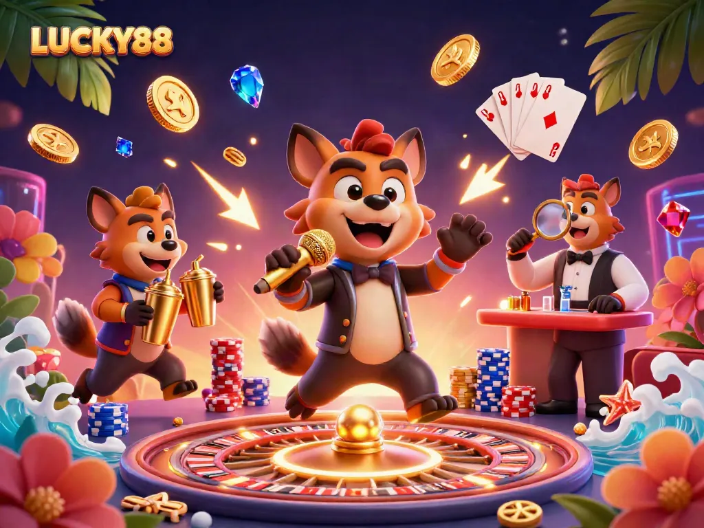 Experience the excitement of LUCKY88 with vibrant casino hyenas in a packed comedy club atmosphere.