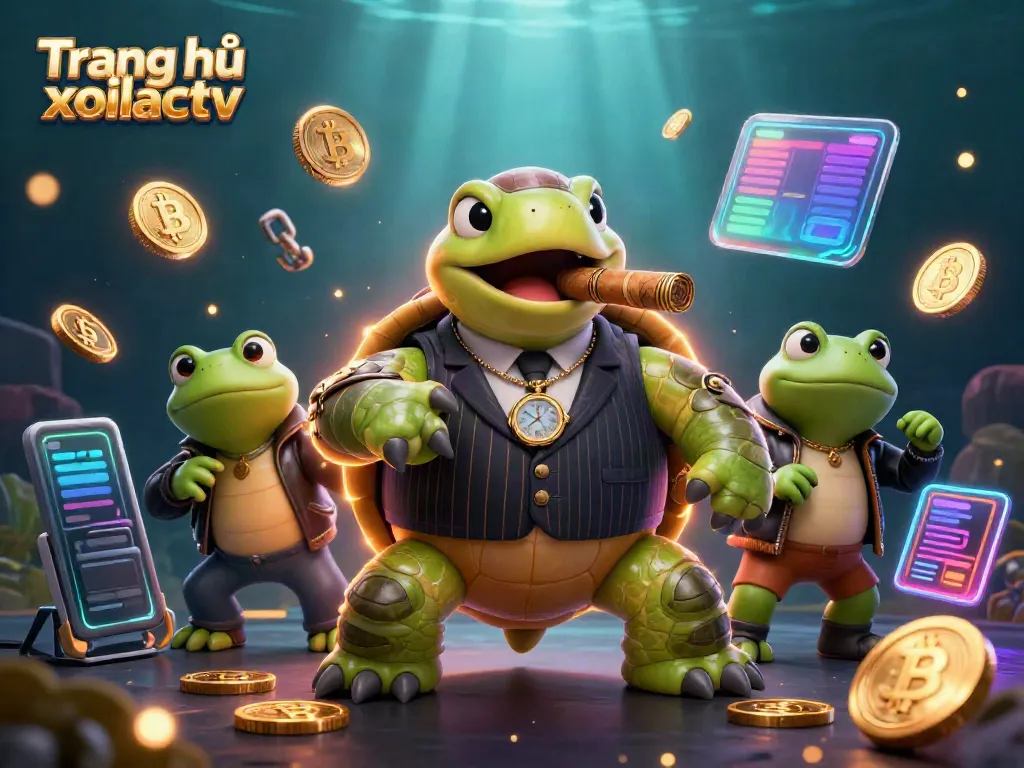 Engaging visual showcasing Trang chủ xoilactv with cartoon turtle and bullfrog enforcers as they navigate a fantasy-rich casino scene.