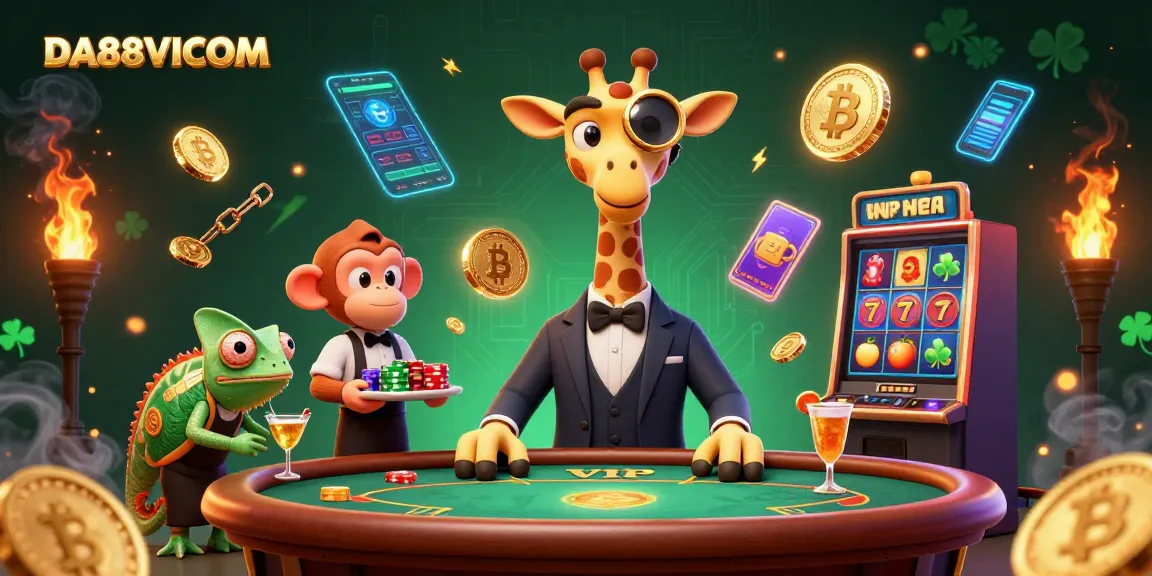 Experience thrilling gameplay at DA88VICOM with a high-roller giraffe, poker table, and vibrant crypto elements.