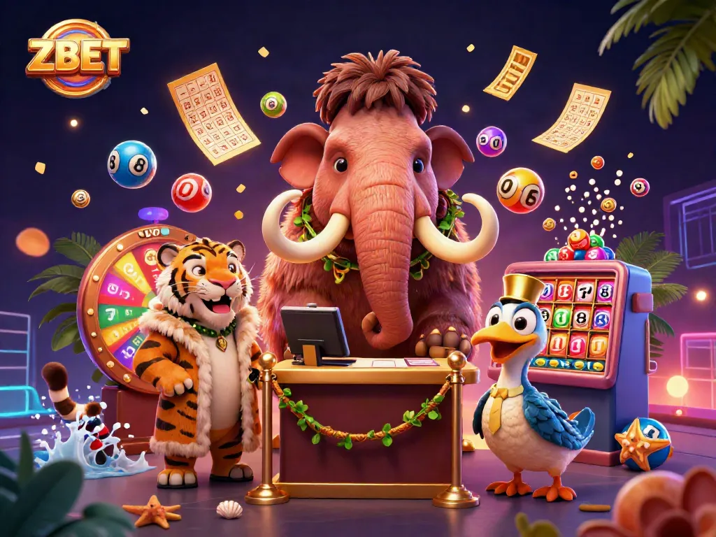ZBET showcases vibrant casino fun with a mammoth bouncer, VIP saber-tooth, and doorman dodo in a lively illustration.