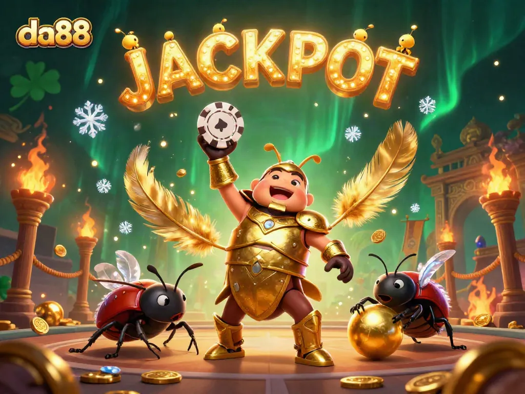 Experience da88's thrilling gameplay with a beetle champion lifting a poker chip in victory.