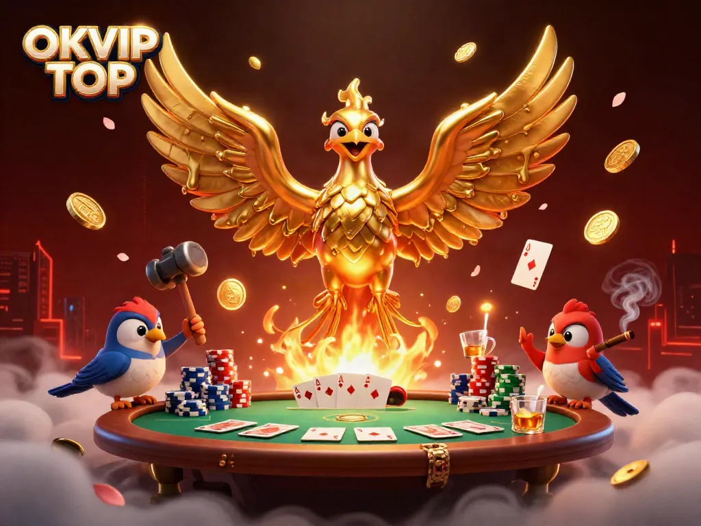 Engage in thrill with OKVIP TOP's molten phoenix-themed casino scene filled with poker elements.