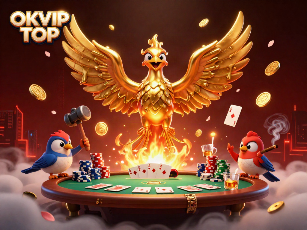 Engage in thrill with OKVIP TOP's molten phoenix-themed casino scene filled with poker elements.