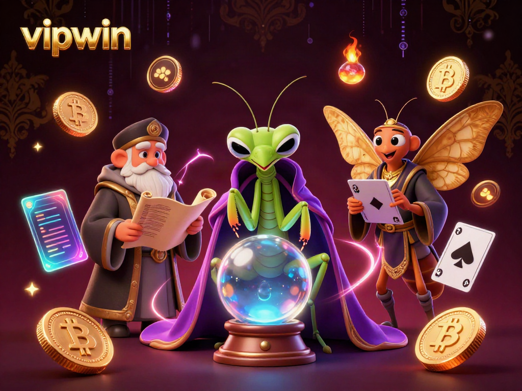 Experience the magic of vipwin with a fortune teller and librarian amidst glowing cryptocurrency coins and casino elements.