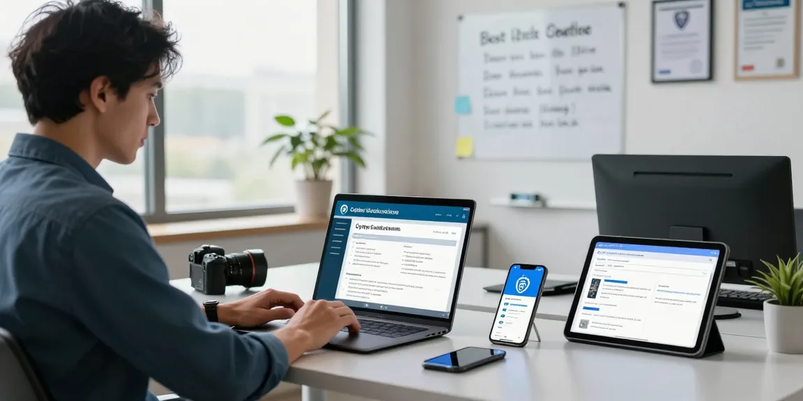 Consultant reviewing the cyber essentials questionnaire in a modern office setting, showcasing cybersecurity tools and compliance reports.