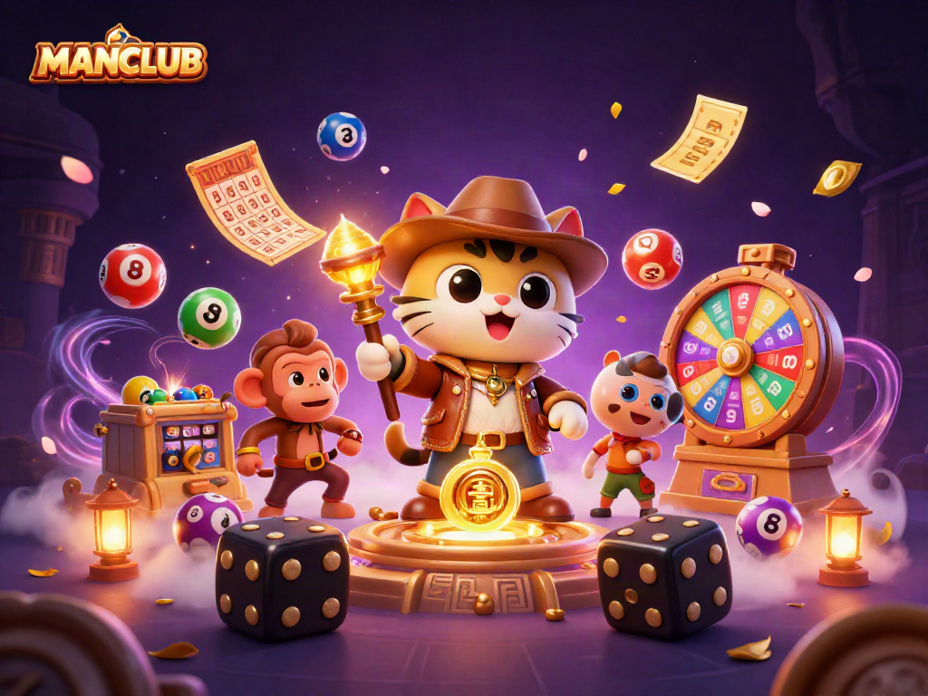 Experience thrilling wins at MANCLUB with vibrant lottery elements, golden artifacts, and animated casino excitement.