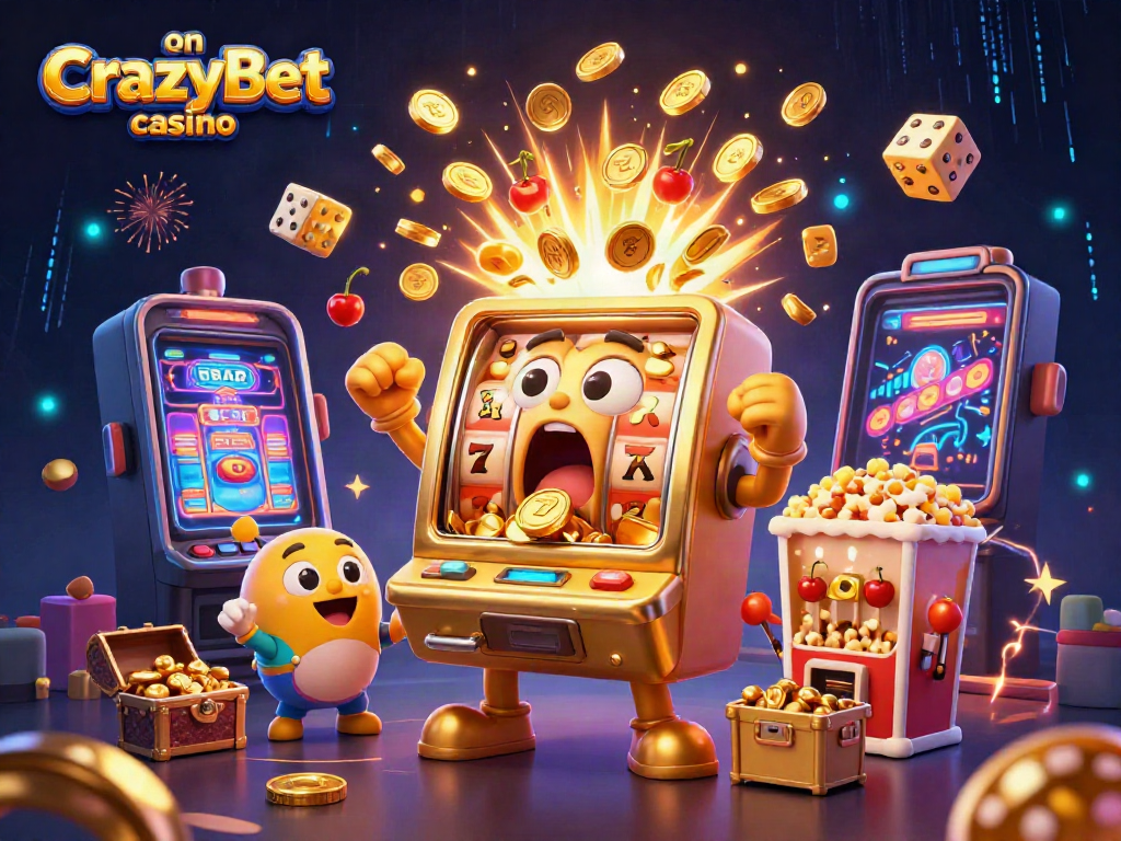 Experience excitement on CrazyBet casino with vibrant 3D golden slot machines celebrating a jackpot.