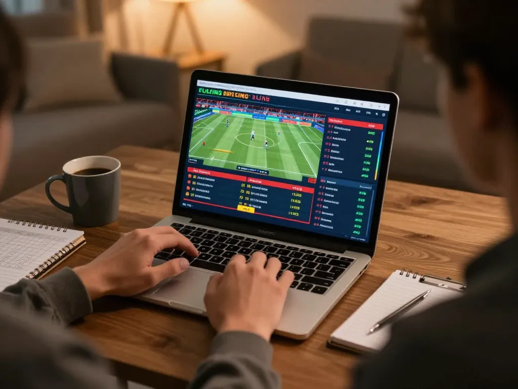 Engaging in live betting at 11bet, analyzing sports odds on laptop in a comfortable home setting