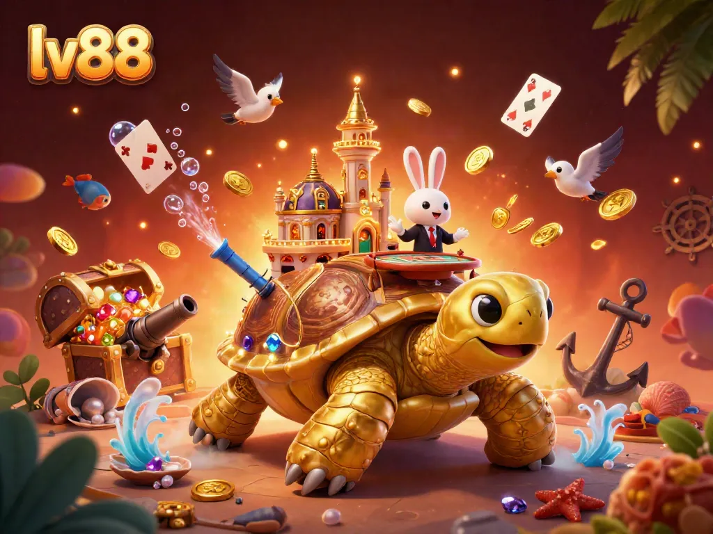 Experience the excitement of lv88 with a vibrant casino scene featuring a golden tortoise and a rabbit dealer.