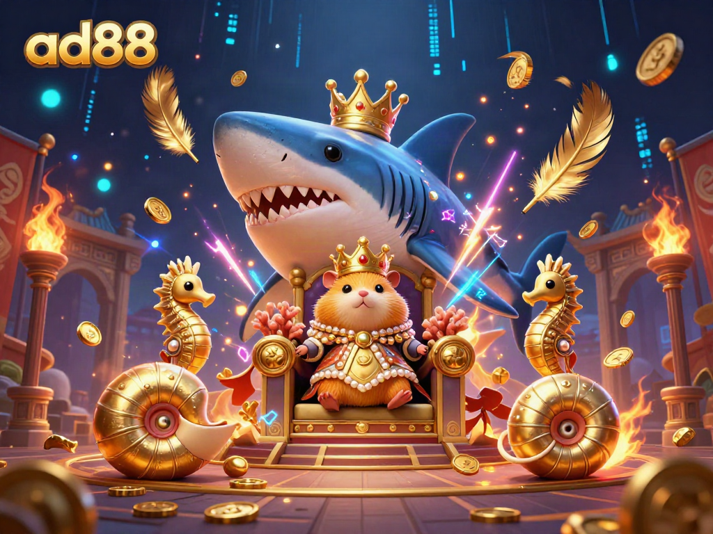 Experience the thrill of ad88 with a vibrant 3D casino scene featuring a golden hamster king and captivating game elements.