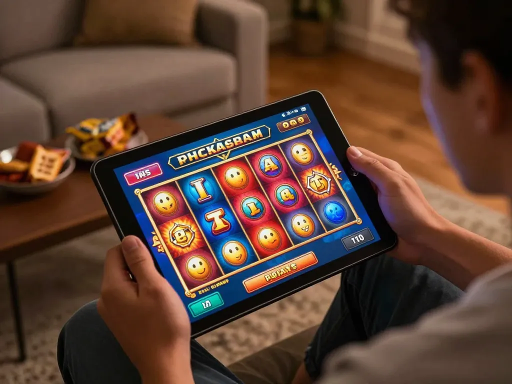 Engaging in slot pulsa games on a tablet in a cozy home setting, showcasing vibrant reels and game excitement.