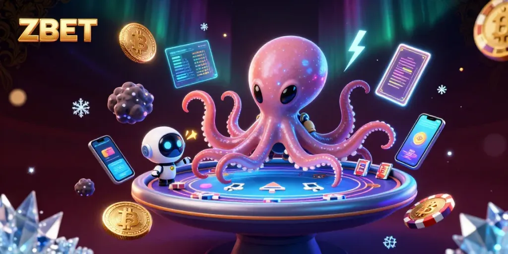 ZBET engages players with a vibrant cosmic poker scene featuring a charming alien octopus and crypto elements.