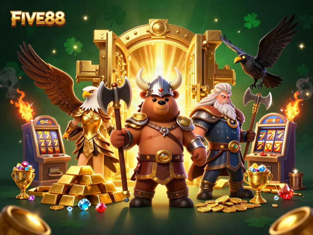 Join the fun at FIVE88 with engaging casino action featuring vibrant characters and gold treasures.