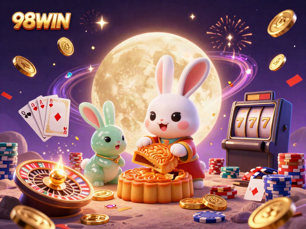 Celebrate wins with 98WIN inspired playful casino-themed illustration featuring moon rabbits and gaming elements.