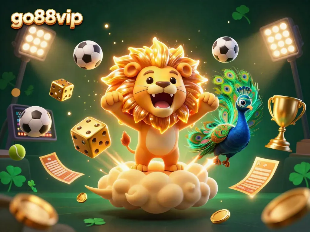 Bet on go88vip with a vibrant casino scene featuring a roaring lion and golden dice