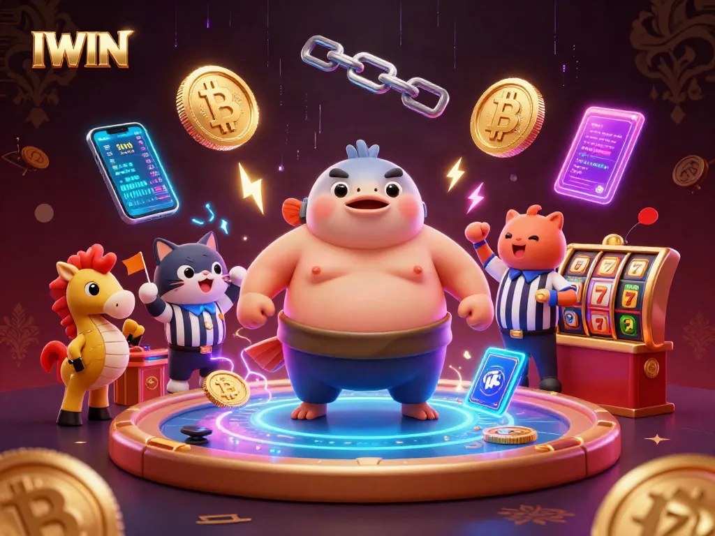 IWIN shows a dynamic underwater casino scene with a fugu fish and catfish referee surrounded by slot machines and crypto elements.