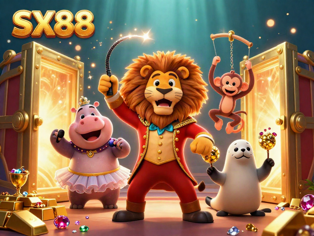 SX88 showcases an energetic gaming scene with vibrant characters and treasure-filled casino elements.