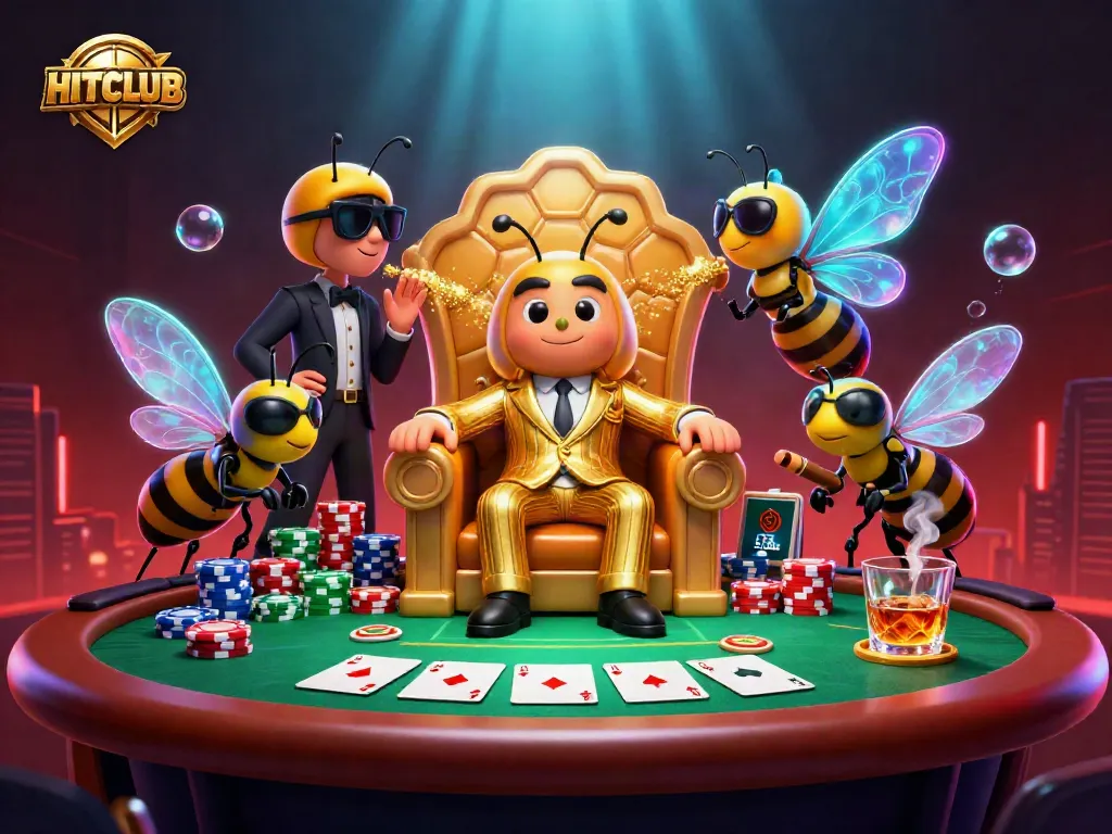 HITCLUB reveals a thrilling casino scene with a bumblebee mob boss and dynamic poker action.