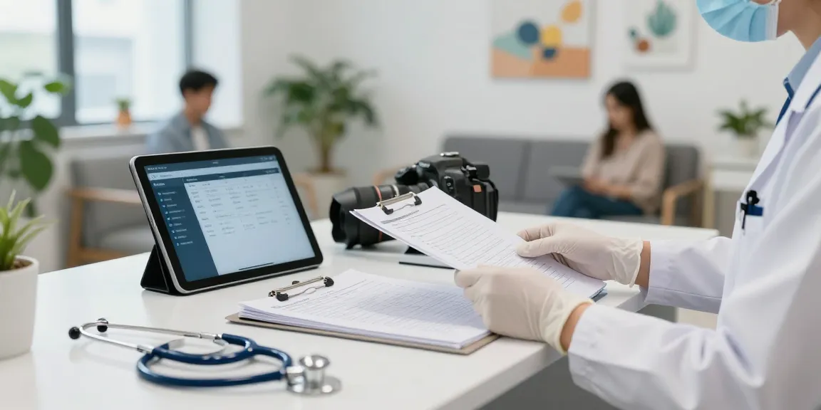 Medical professional using gloves nitrile disposable at a hygienic healthcare workspace.