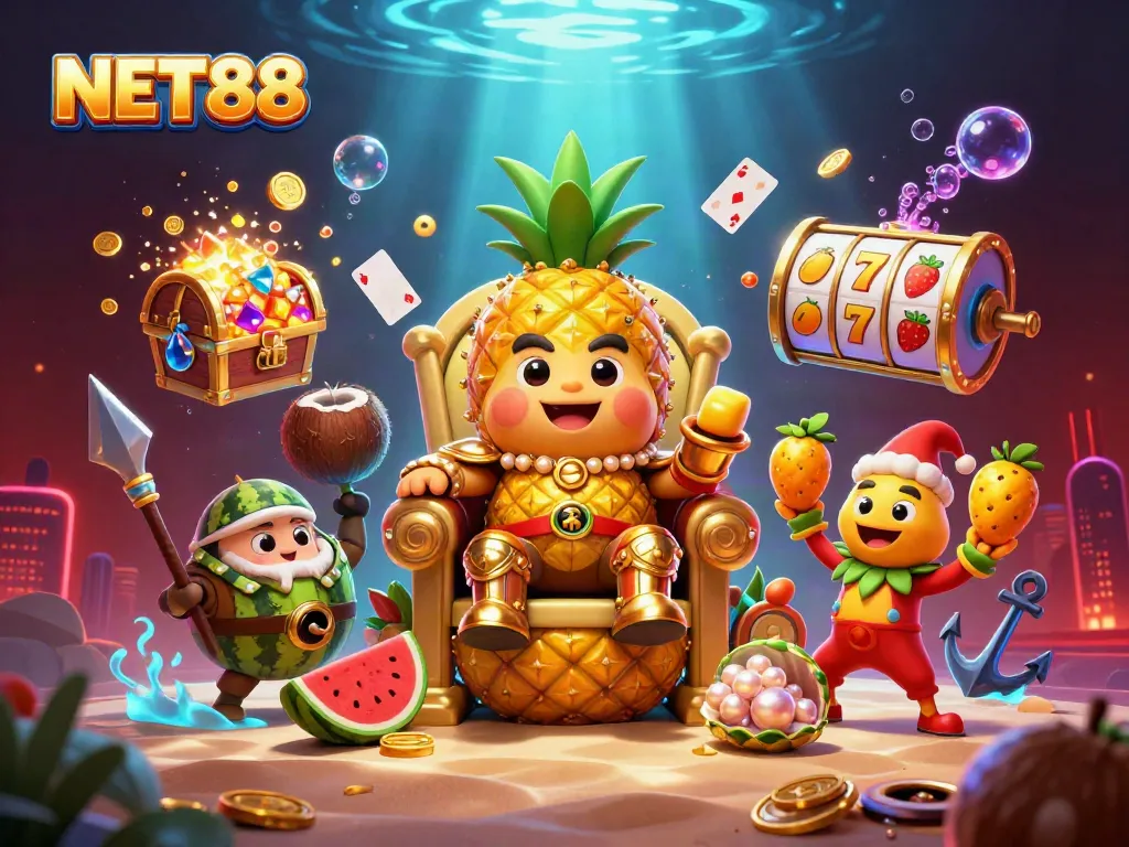 NET88 showcases an engaging scene of a golden pineapple king amidst lively casino elements like floating playing cards and slot reels.