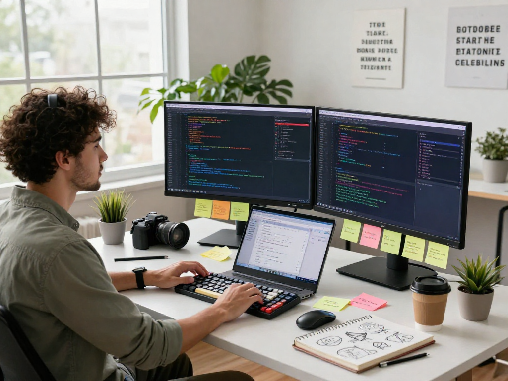 Developer focused on debugging code at debet.com in a modern workspace with dual monitors and vibrant surroundings.