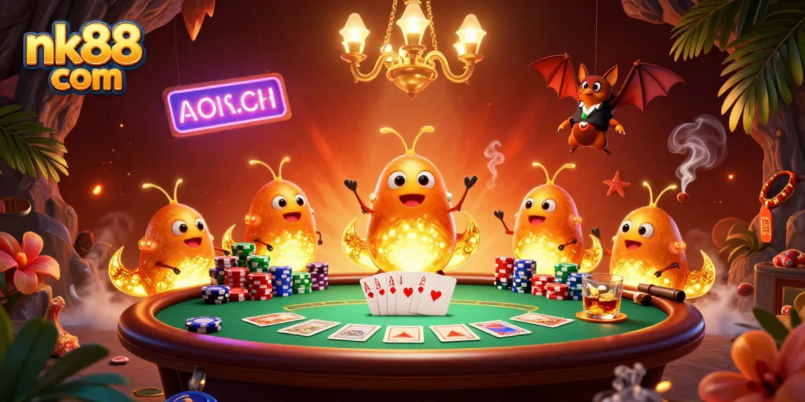 Engage with nk88 com's vibrant casino scene featuring glowworms and a bat dealer.